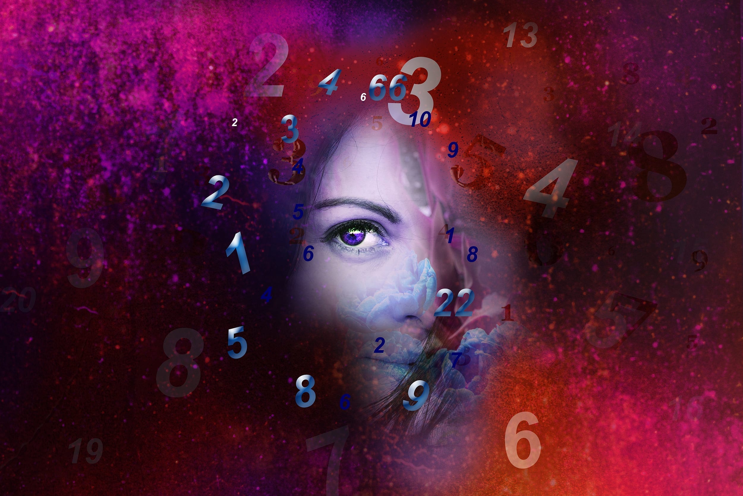 numbers circle womans face in space-time