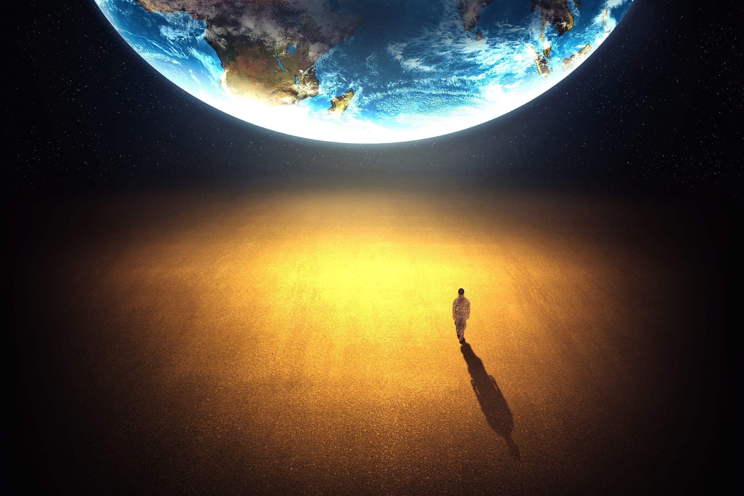 person walks toward earth