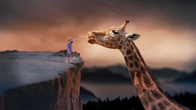 fantasy child feeding giraffe